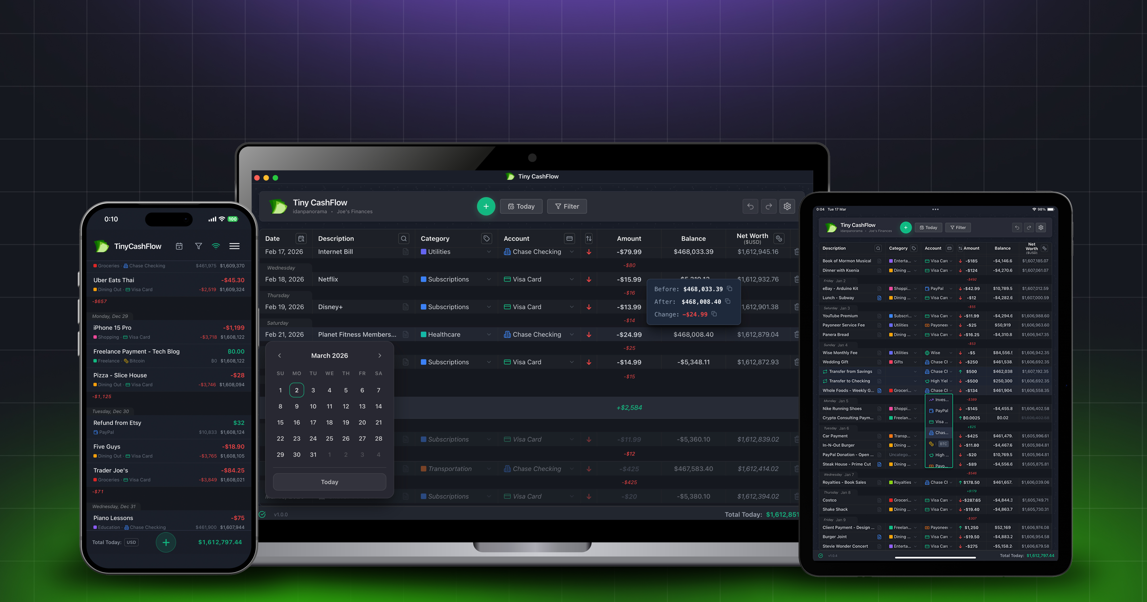 TinyCashflow on desktop, tablet, and mobile